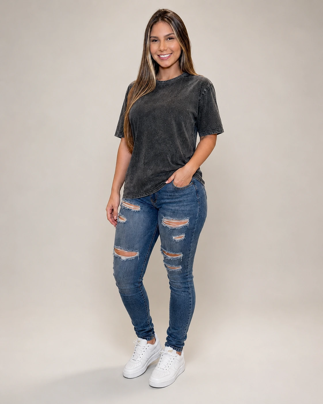 T-shirt estonada feminina · Regular ou boxy · lavagem vintage