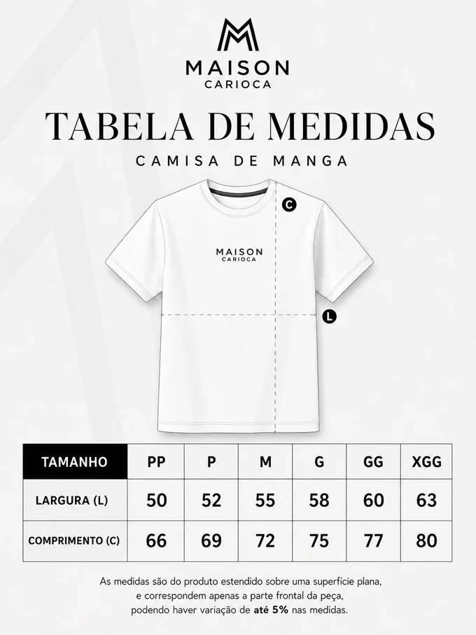 Tabela de medidas da camisa de manga em centímetros, por tamanho