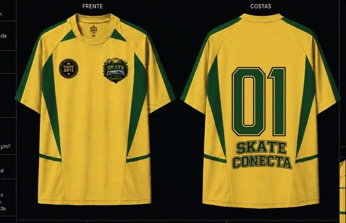 Layout de camisa esportiva sublimada, frente e costas, com a arte do evento aplicada